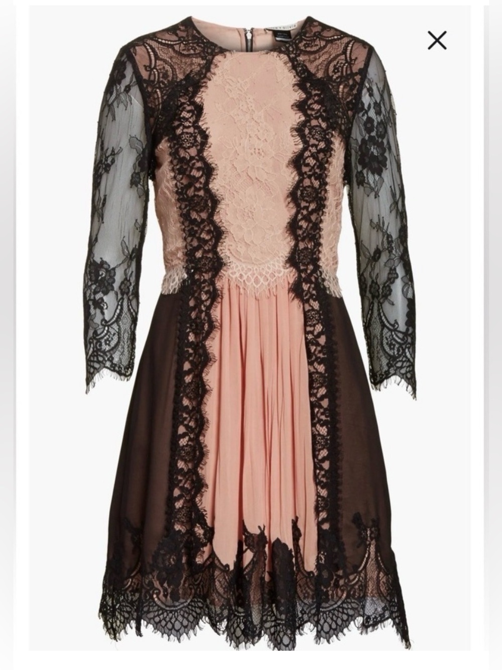 Alice + Olivia  Light Pink and Black Lace Mini Dress Long sleeve 10 Delicate